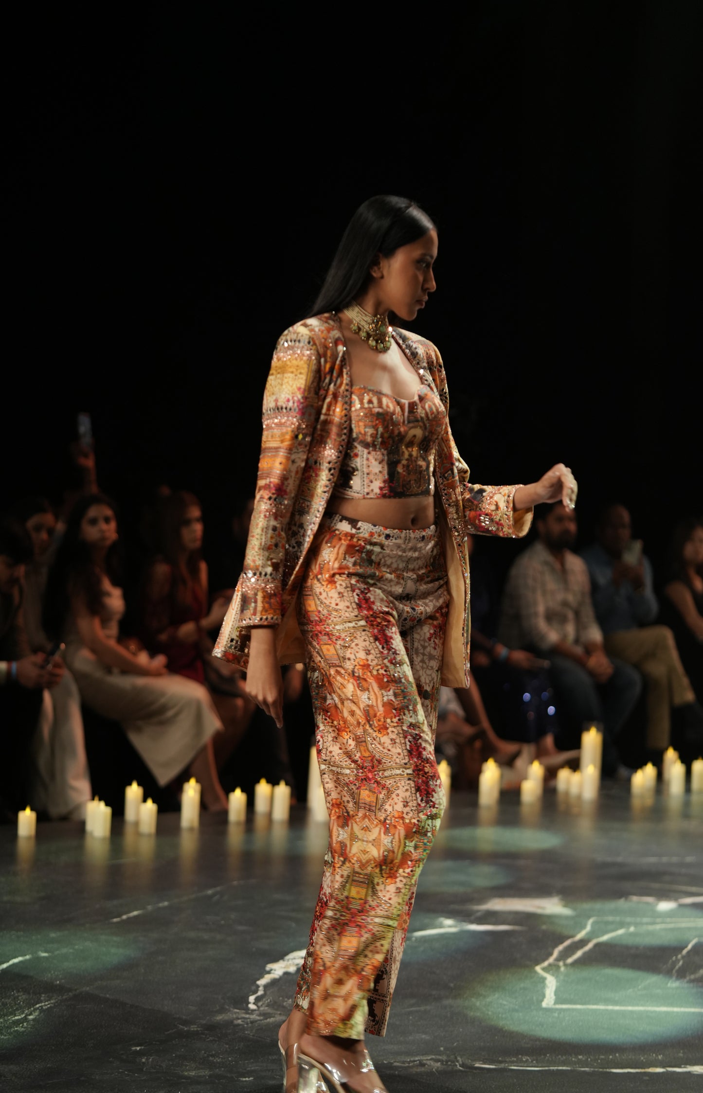 Multicolour Printed Bustier, Jacket & Skirt Co-ord Set