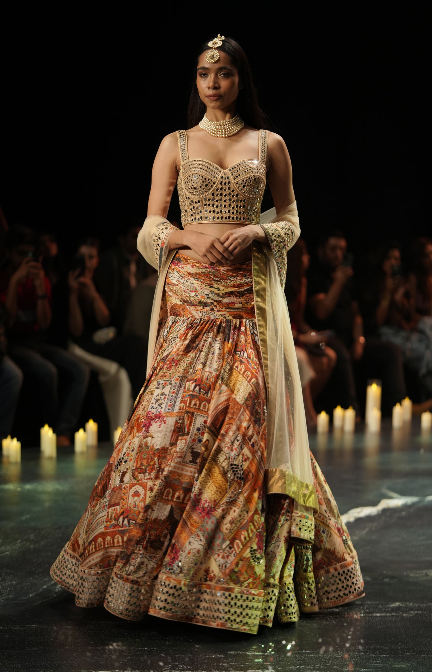 Handcrafted Mirror-Work Bustier & Multicolor Heritage Print Lehenga Set