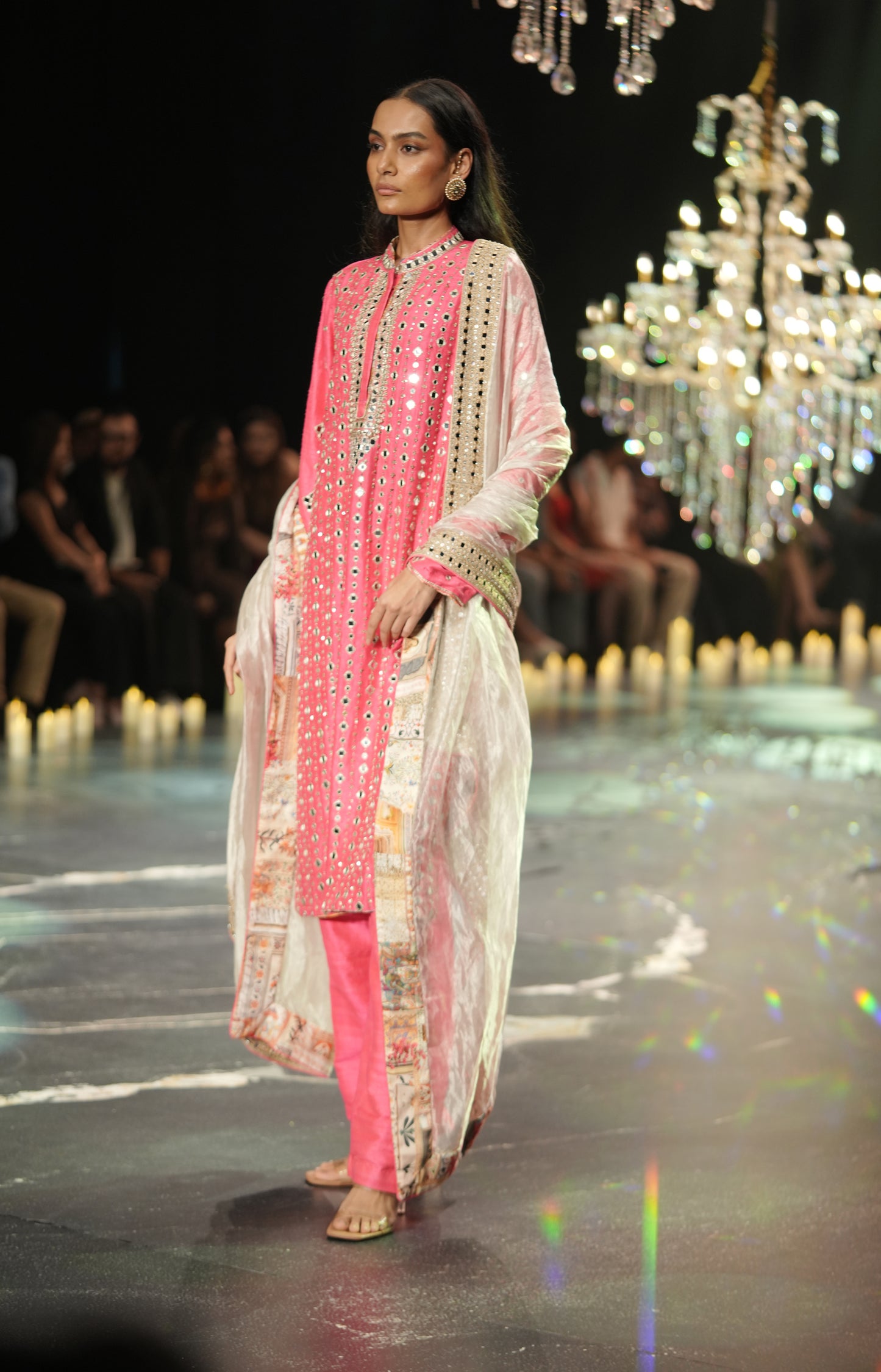 Pink Mirror-Work Kurta Set with Silk Pants
