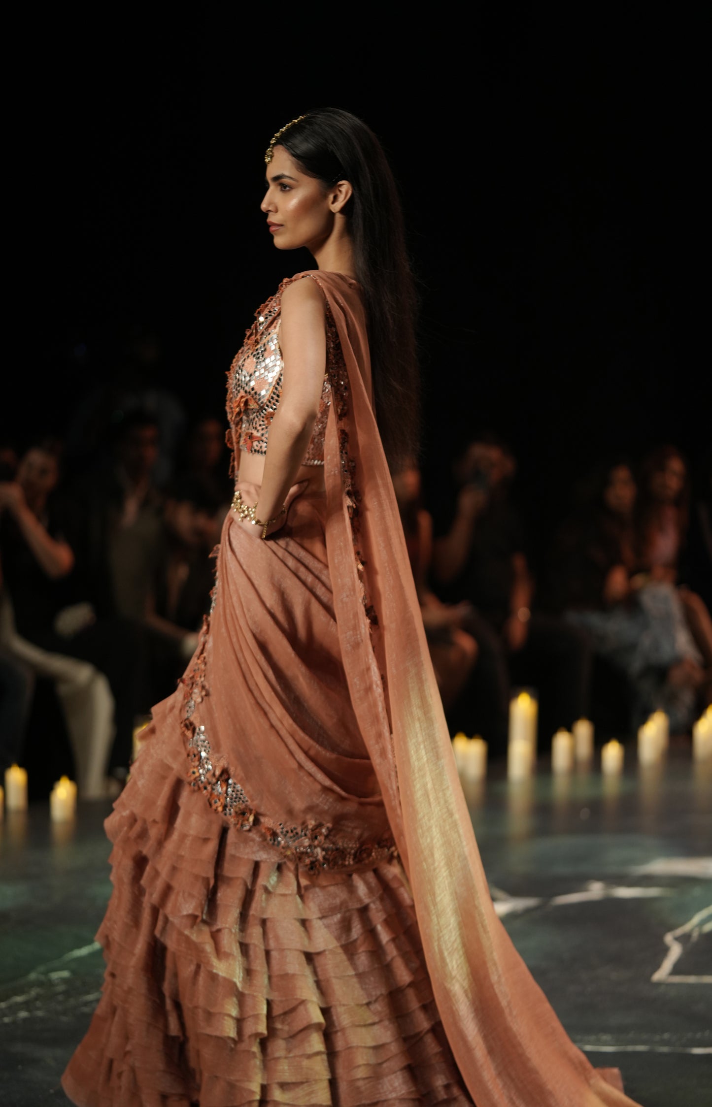 Peach Ruffle Lehenga with Mirror-Work Blouse