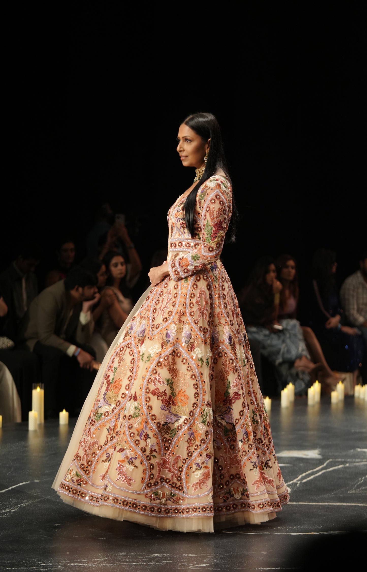 Peach Multicolour Embroidered Long Jacket Lehenga