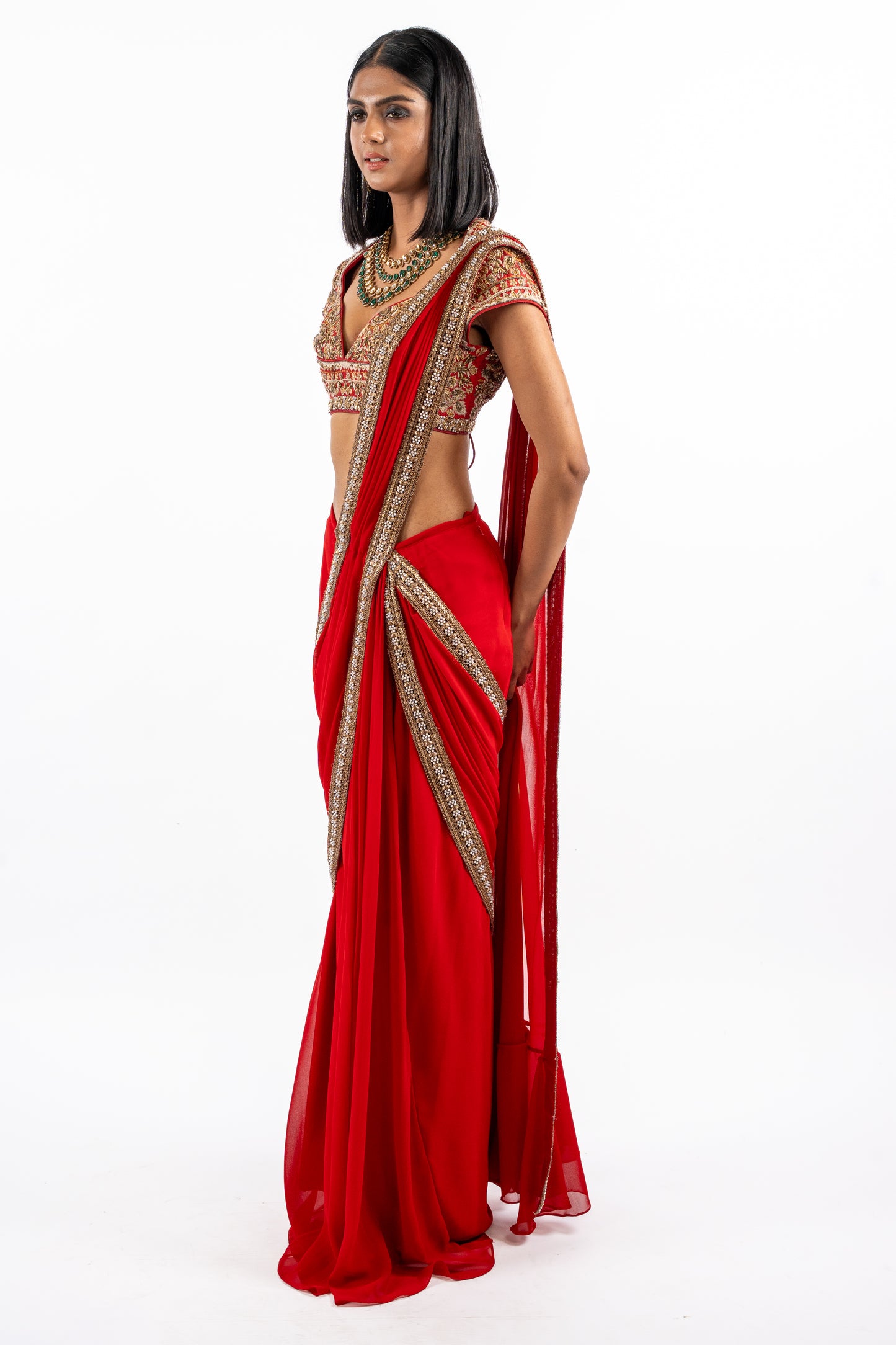 Scarlet Drape Saree with Crystal Border