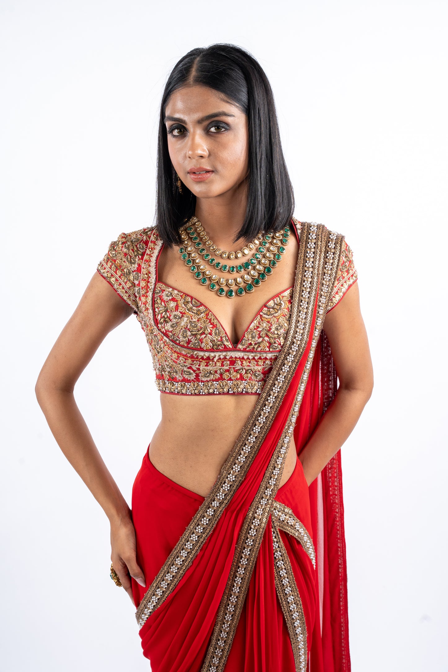 Scarlet Drape Saree with Crystal Border