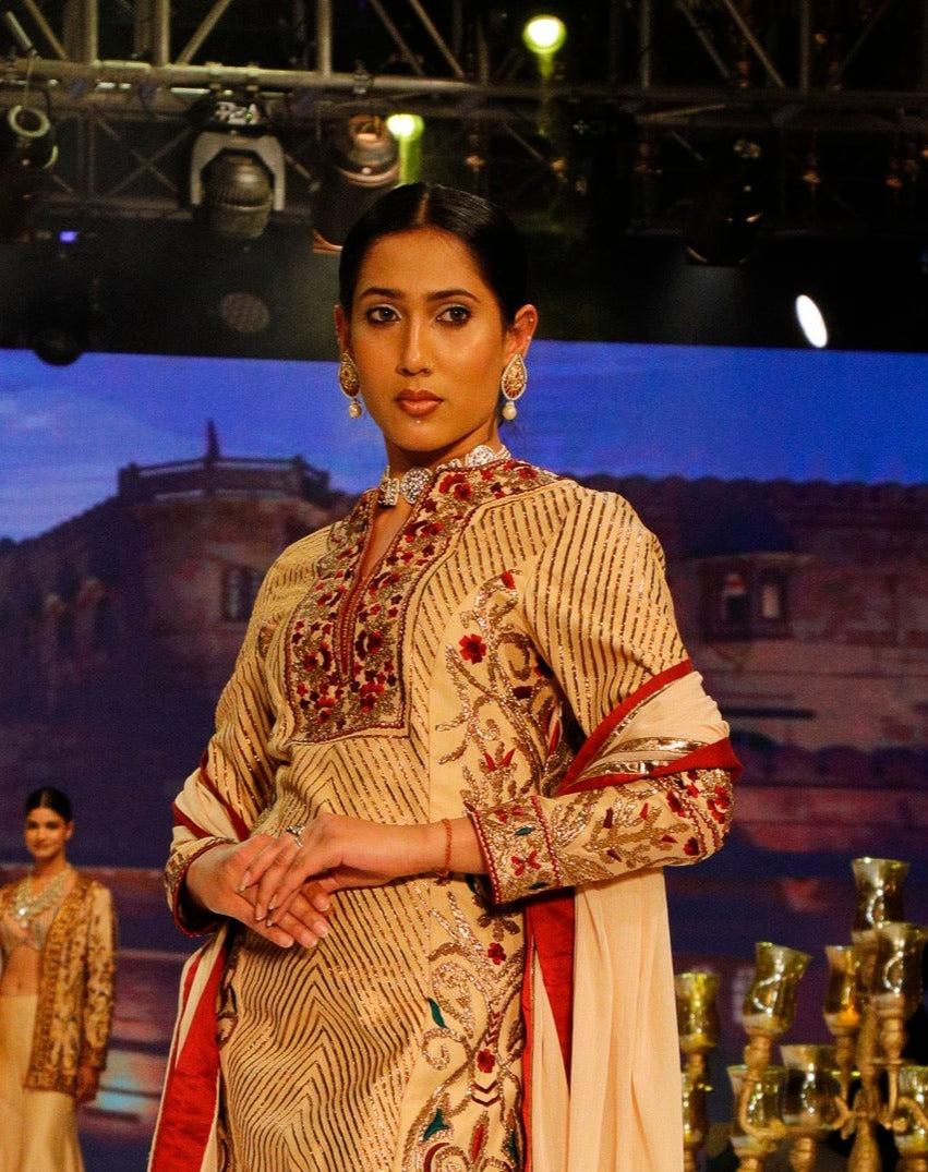 Cream and Gold Gota Patiala Suit.