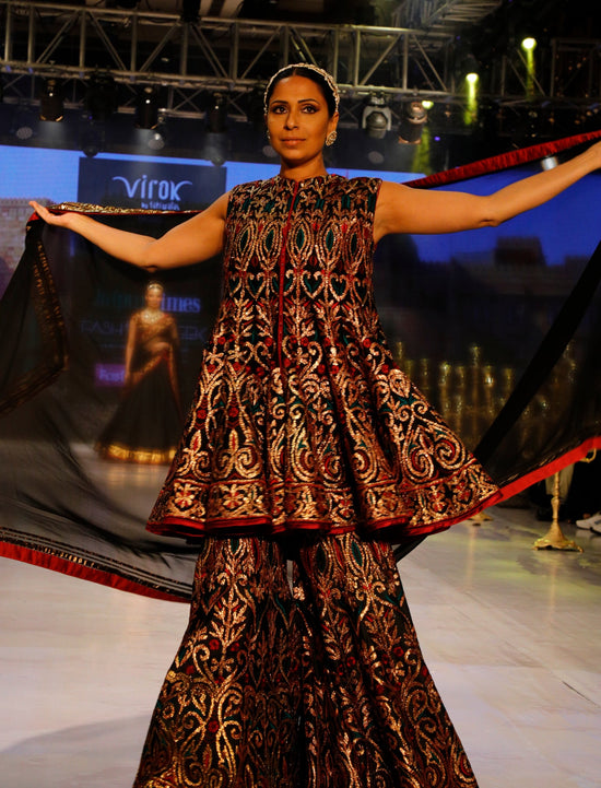 Black Gold and Maroon Sharara Set.