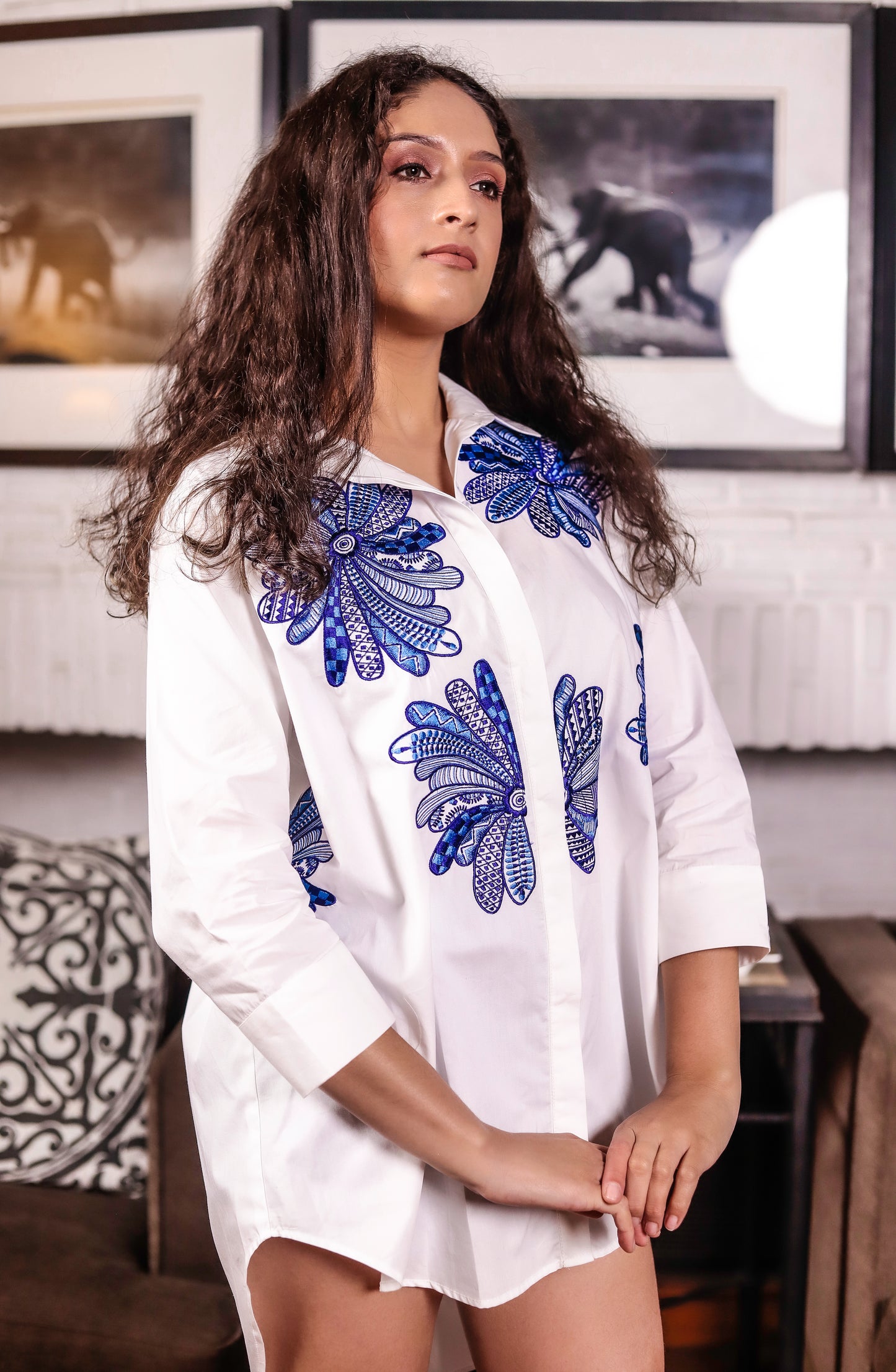 White Shirt with Blue Floral Thread Work