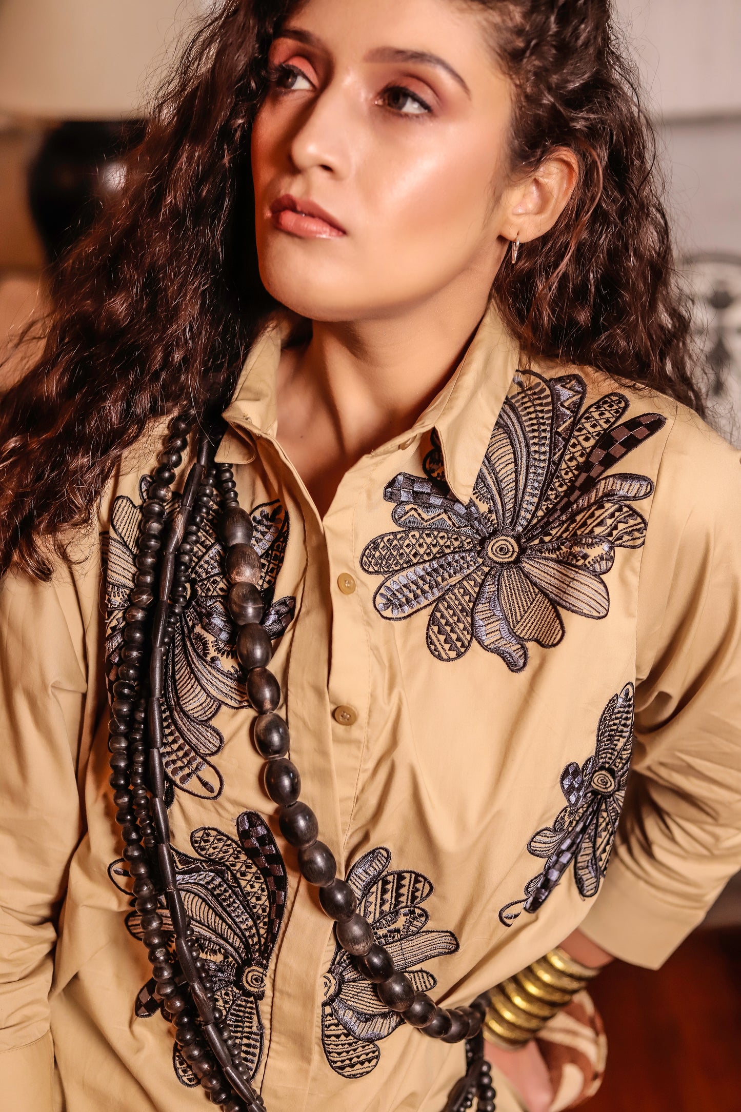 Beige Shirt with Black Floral Design