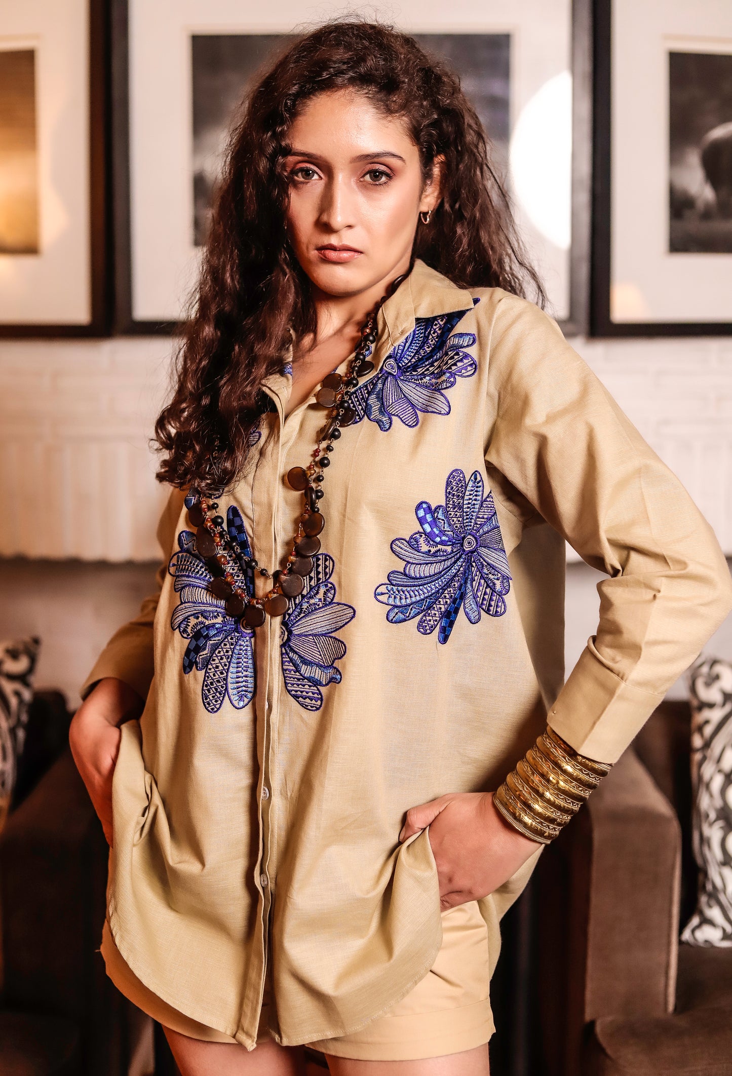 Beige Shirt with Blue Embroidery