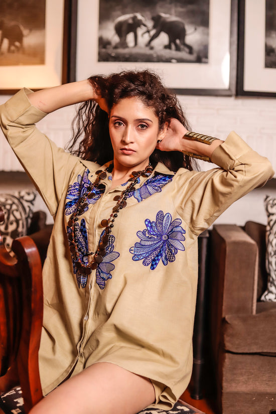 Beige Shirt with Blue Embroidery