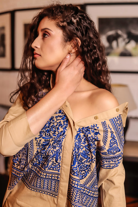 Beige Shirt with Blue Thread Work