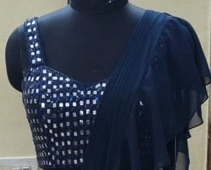 Elegant Navy Blue Ruffled Chiffon Saree with Sequined Blouse