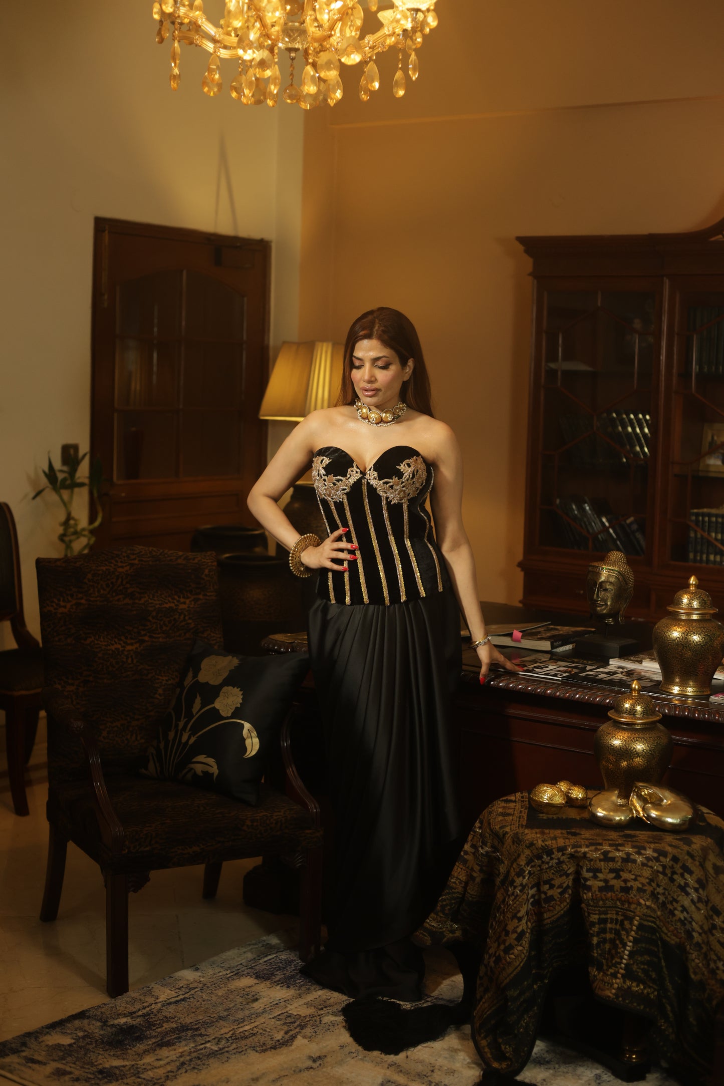 Black & Gold Embellished Corset Skirt Set