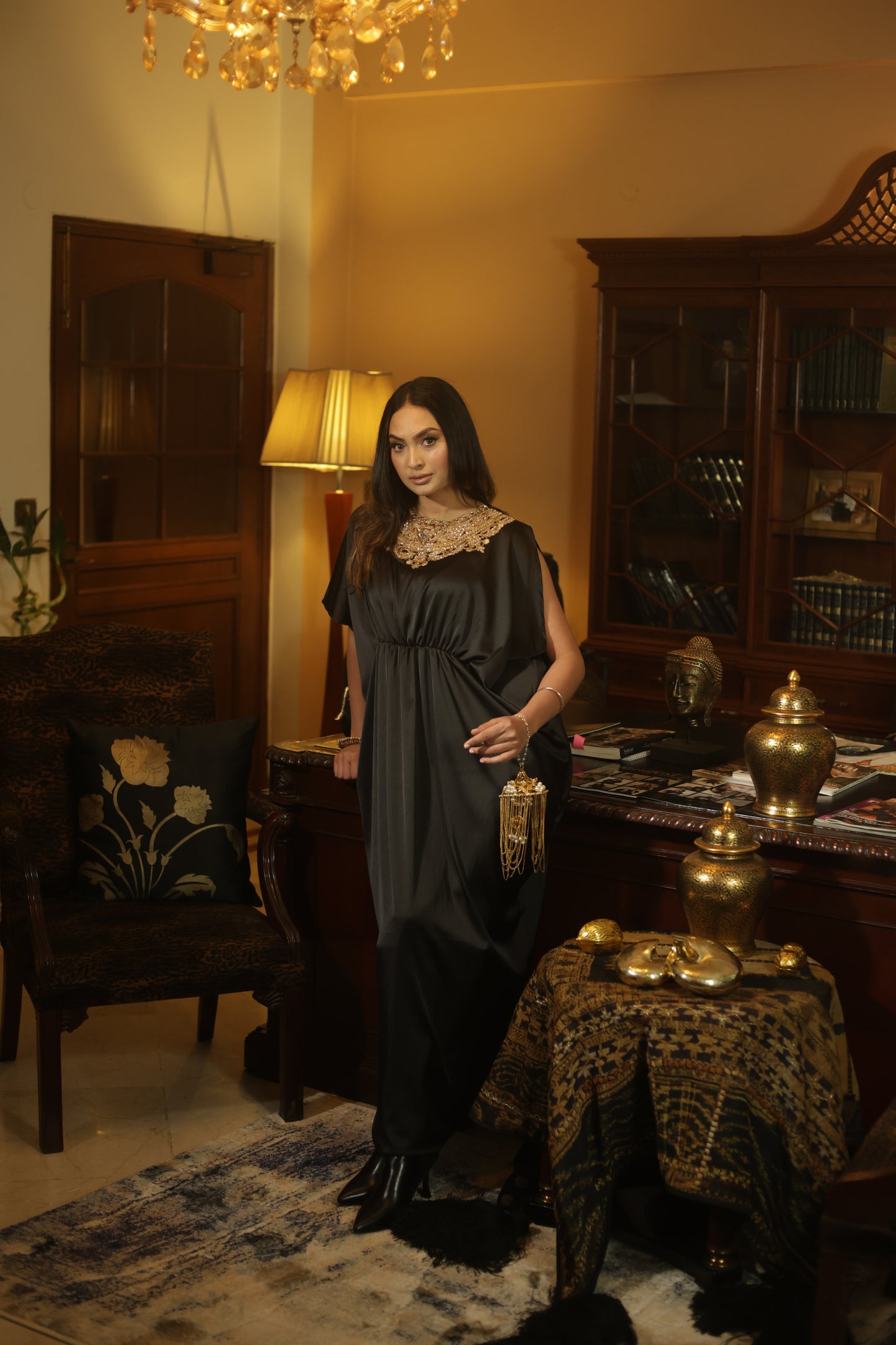 Midnight Black Draped Kaftan Gown with Hand-Embroidered Gold Neckline
