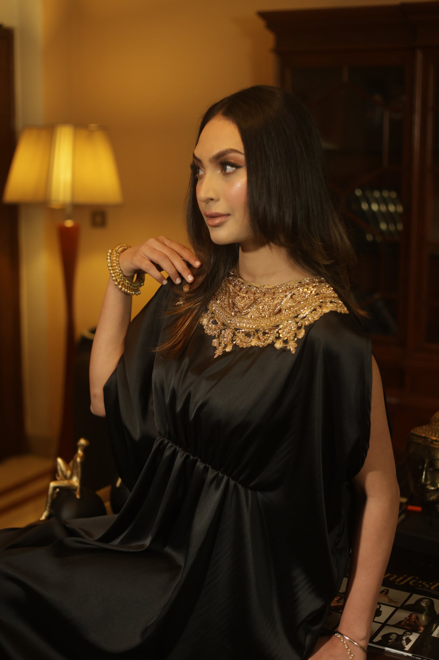Midnight Black Draped Kaftan Gown with Hand-Embroidered Gold Neckline