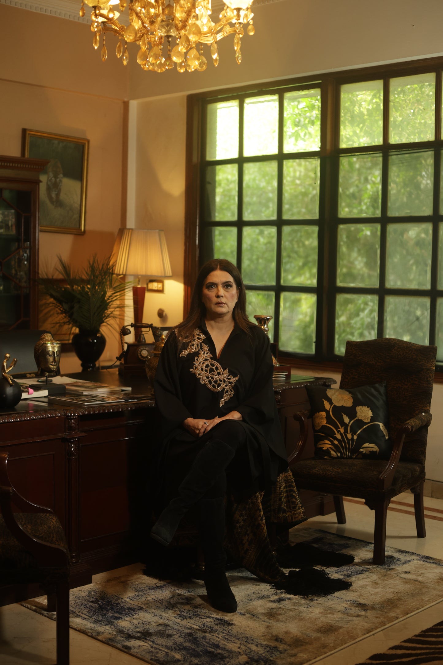 Black Cape-Style Top with Handcrafted Gold Embroidery