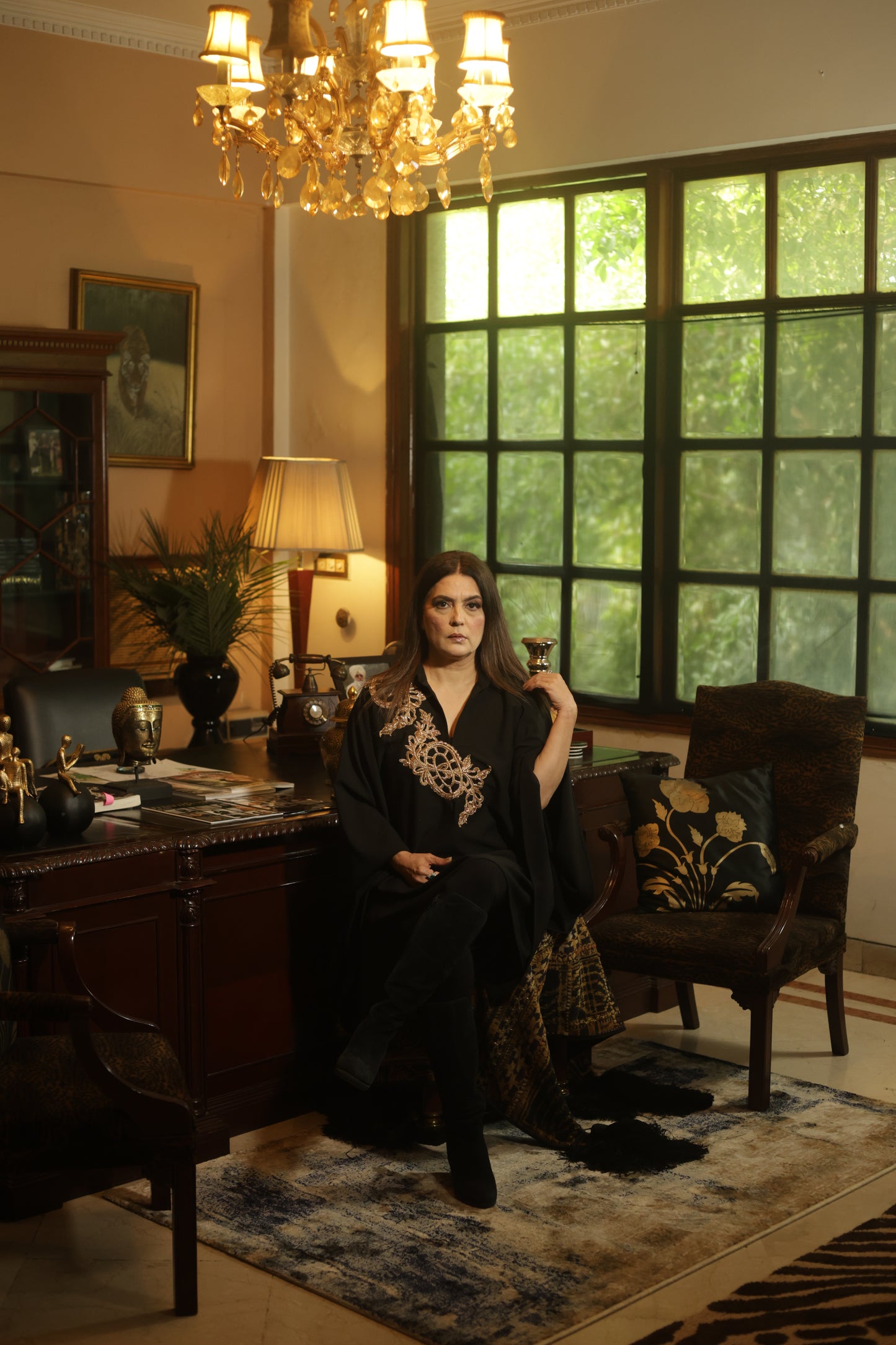 Black Cape-Style Top with Handcrafted Gold Embroidery