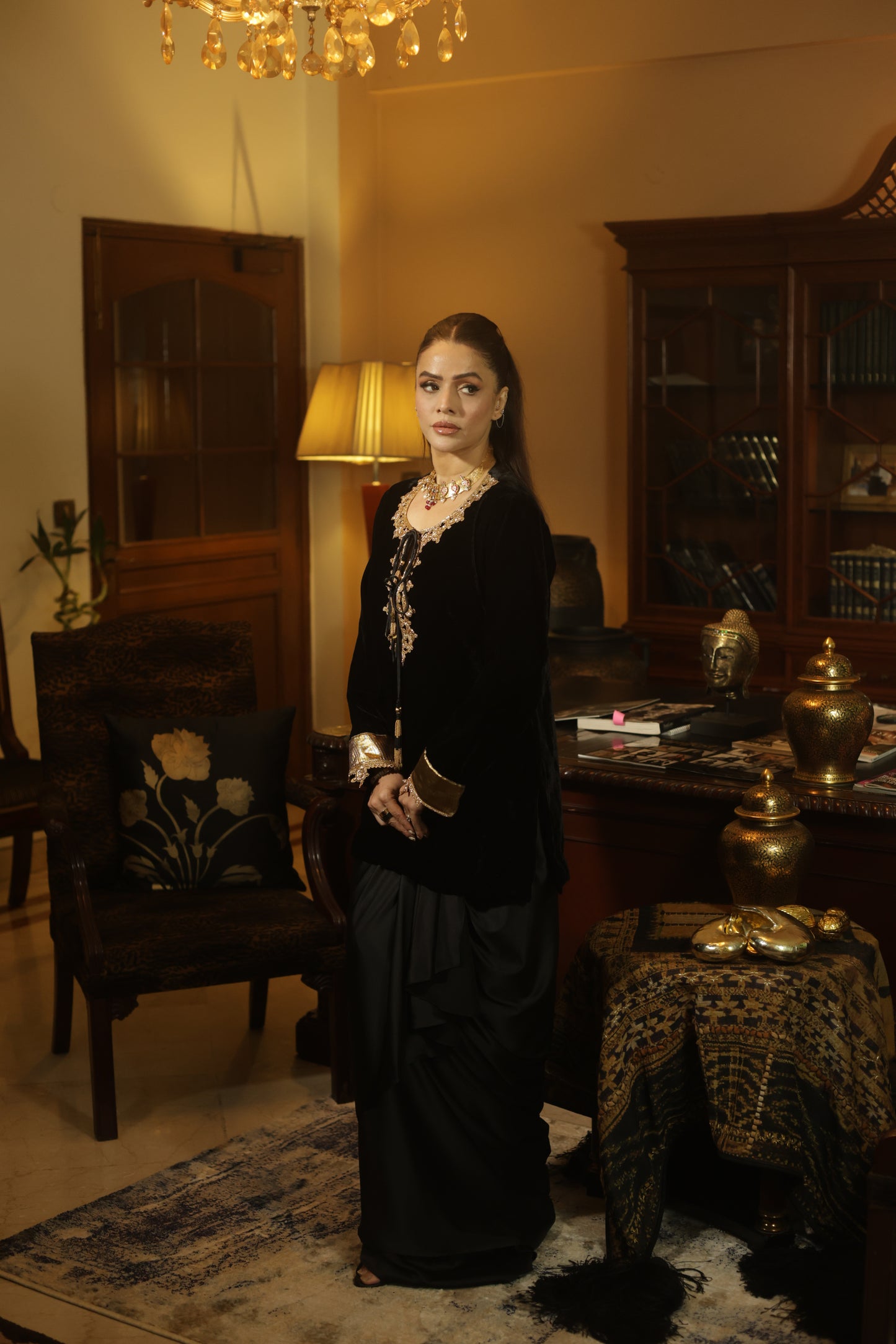 Black Velvet Kurta Suit Set with Handcrafted Gold Embroidery