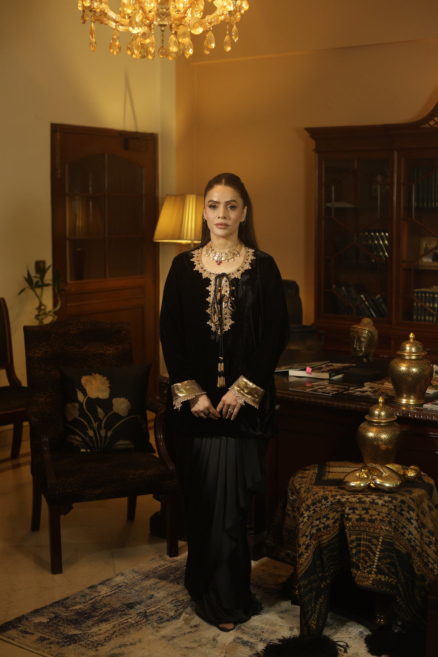 Black Velvet Kurta Suit Set with Handcrafted Gold Embroidery