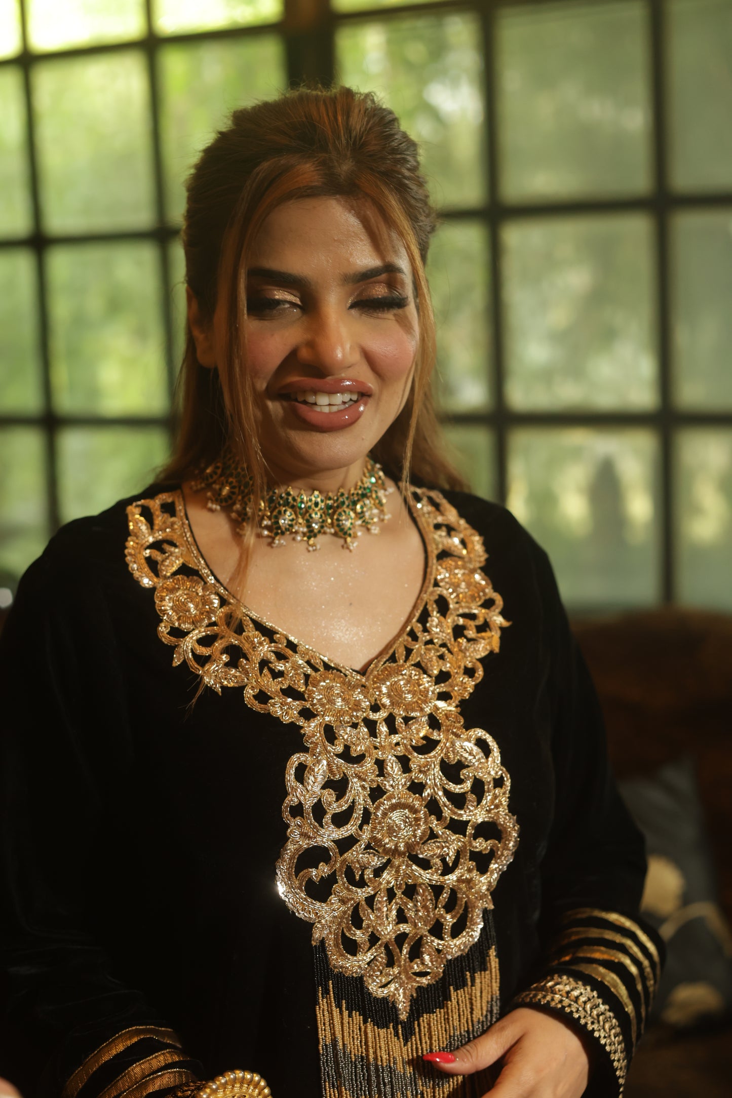 Black Velvet Kurta with Ornate Gold Embroidery & Tassel Detail