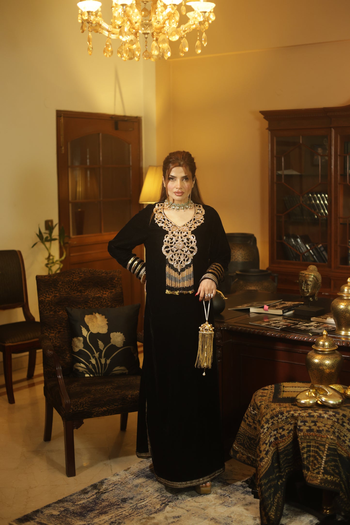 Black Velvet Kurta with Ornate Gold Embroidery & Tassel Detail