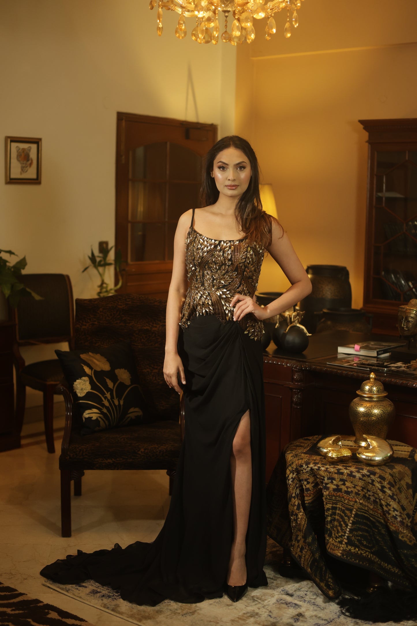 Black Evening Gown with Gold Embellished Corset Bodice