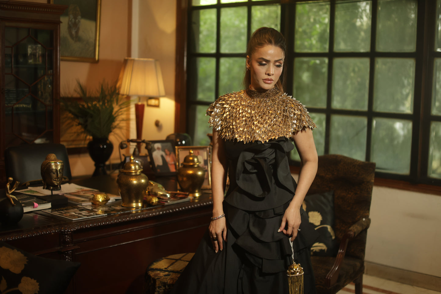 Black Couture Gown with Hand-Embellished Gold Cape