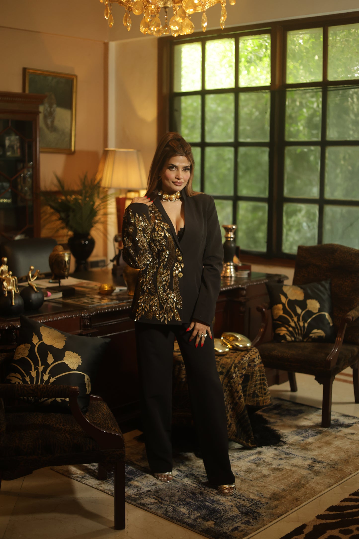 Black Jacket & Pant Co-ord Set with Hand-Embellished Gold Detailing