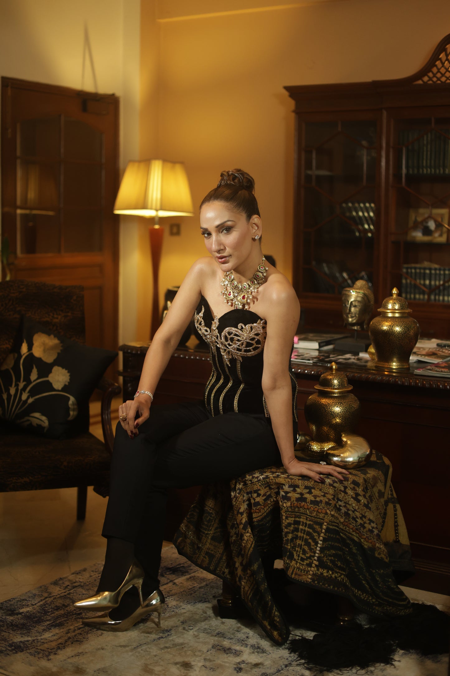 Black Embroidered Corset Set with Gold Detailing