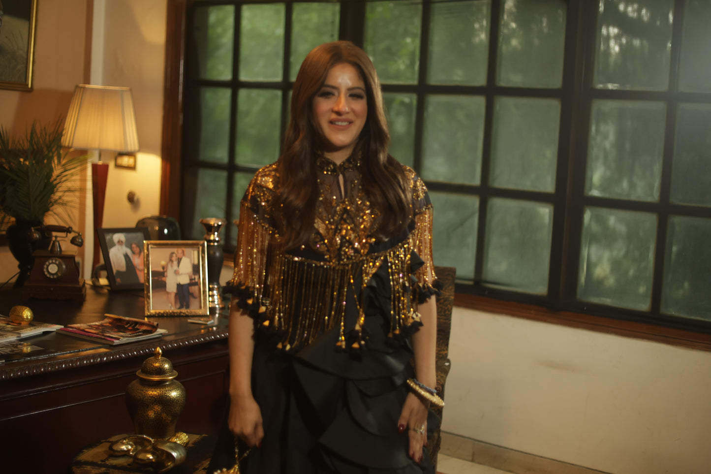 Midnight Black Gown with Gold Fringe Embellished Cape