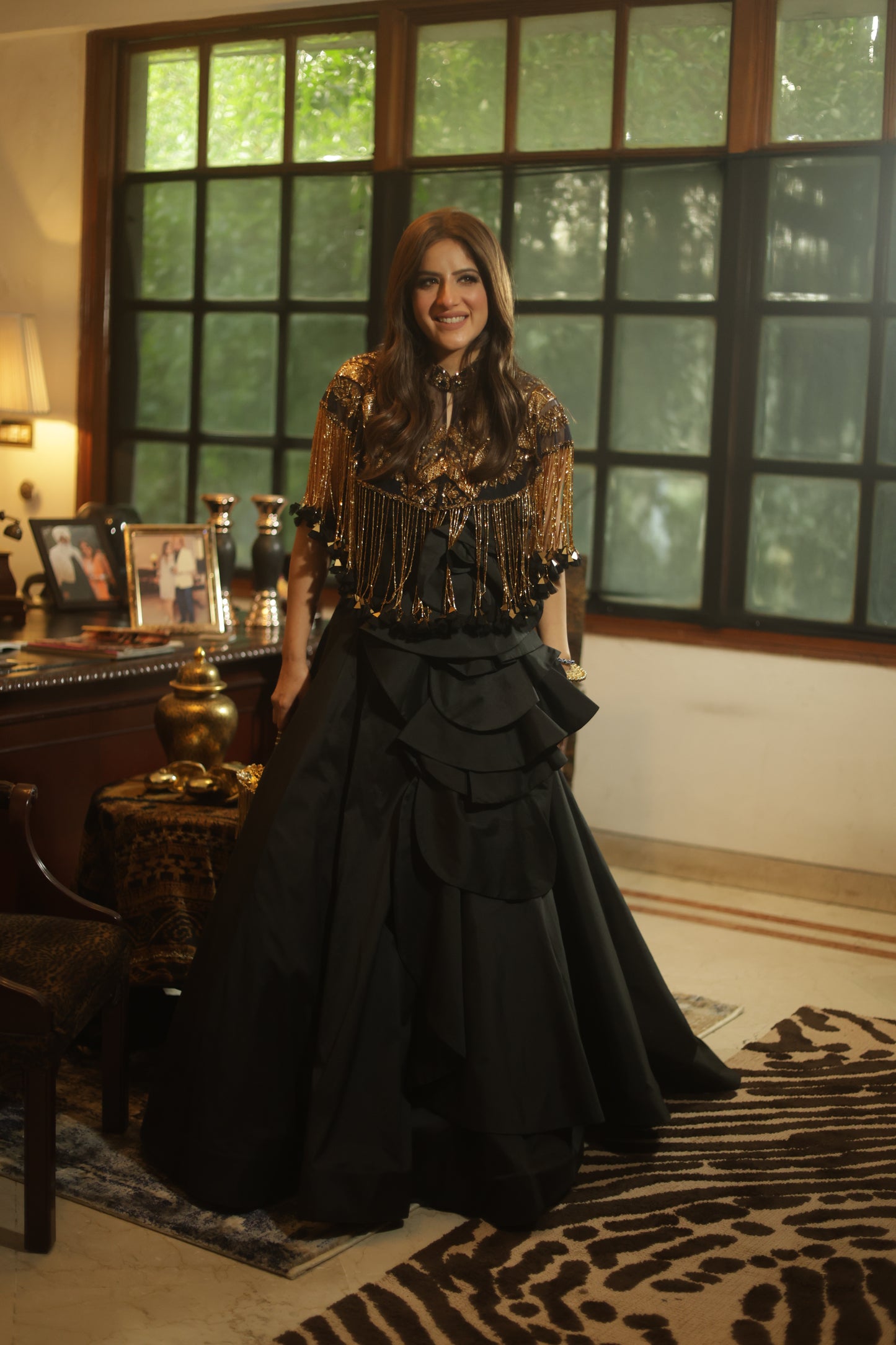 Midnight Black Gown with Gold Fringe Embellished Cape