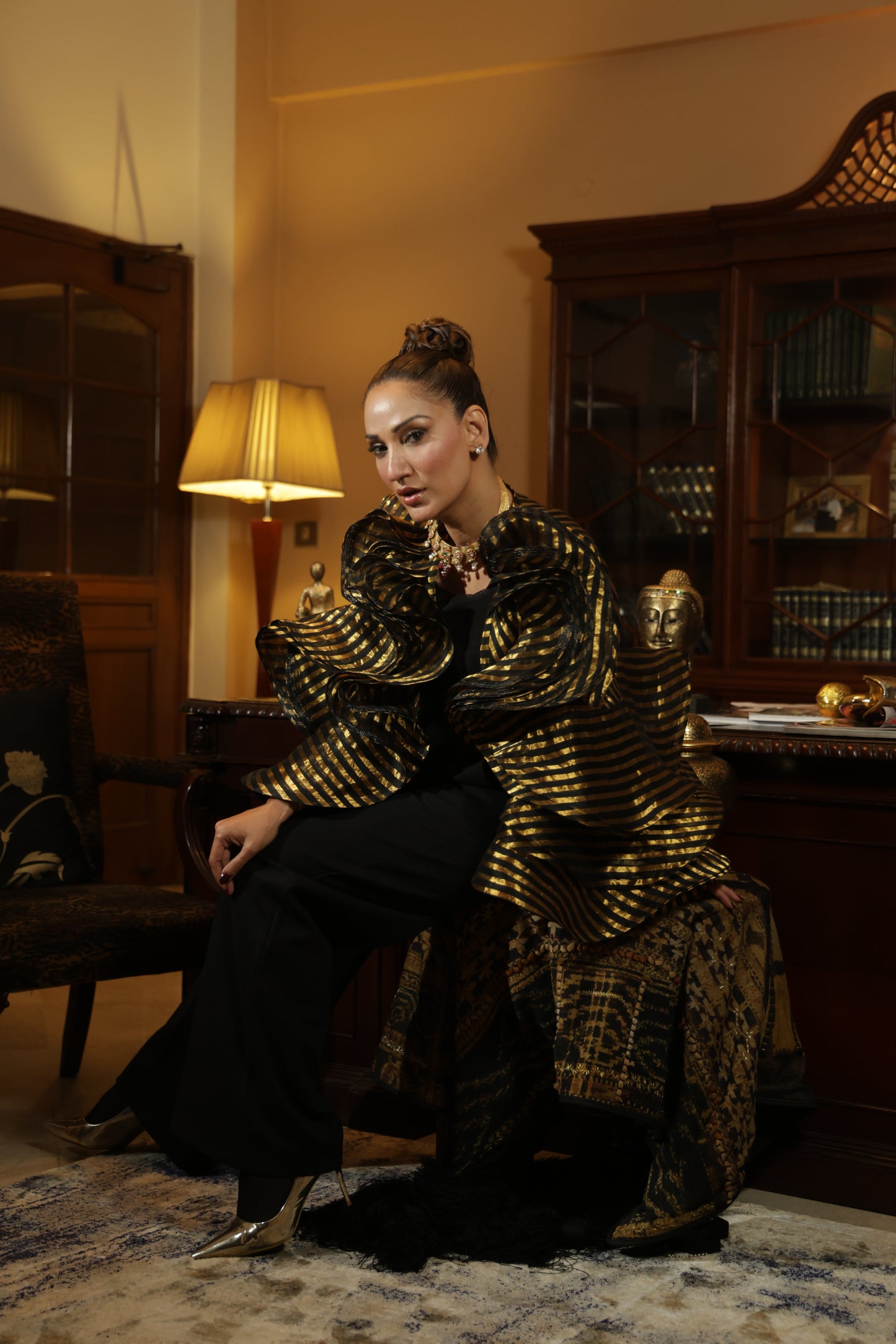 Gold and Black Striped Ruffled Statement Top