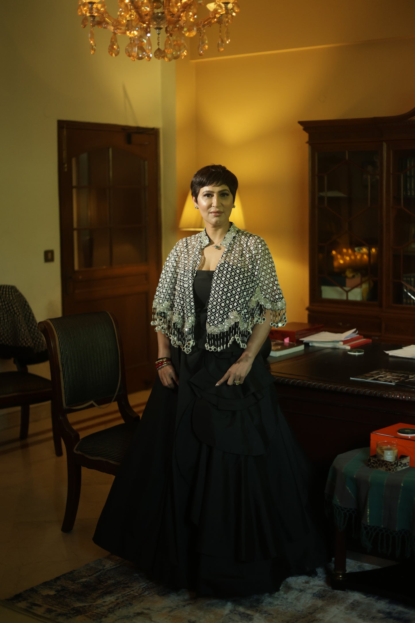 Hand-Embroidered Silver Sequin Cape