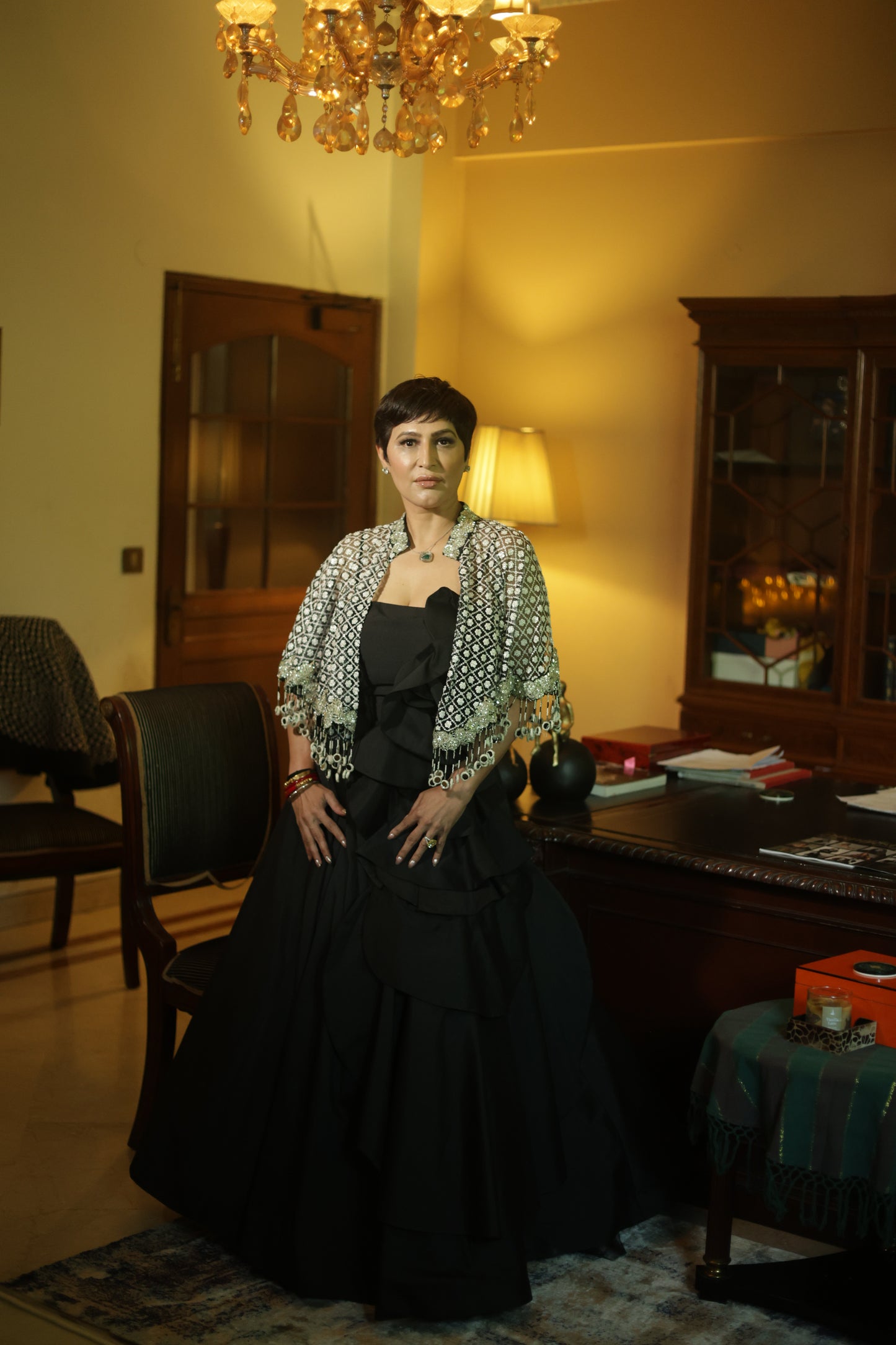 Hand-Embroidered Silver Sequin Cape