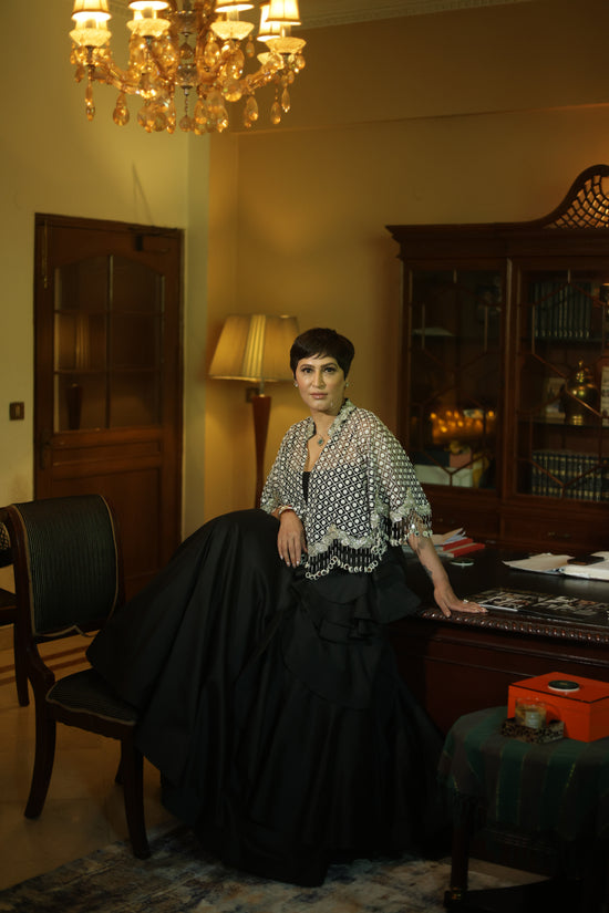 Hand-Embroidered Silver Sequin Cape