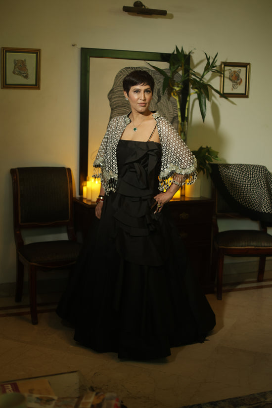 Hand-Embroidered Silver Sequin Cape