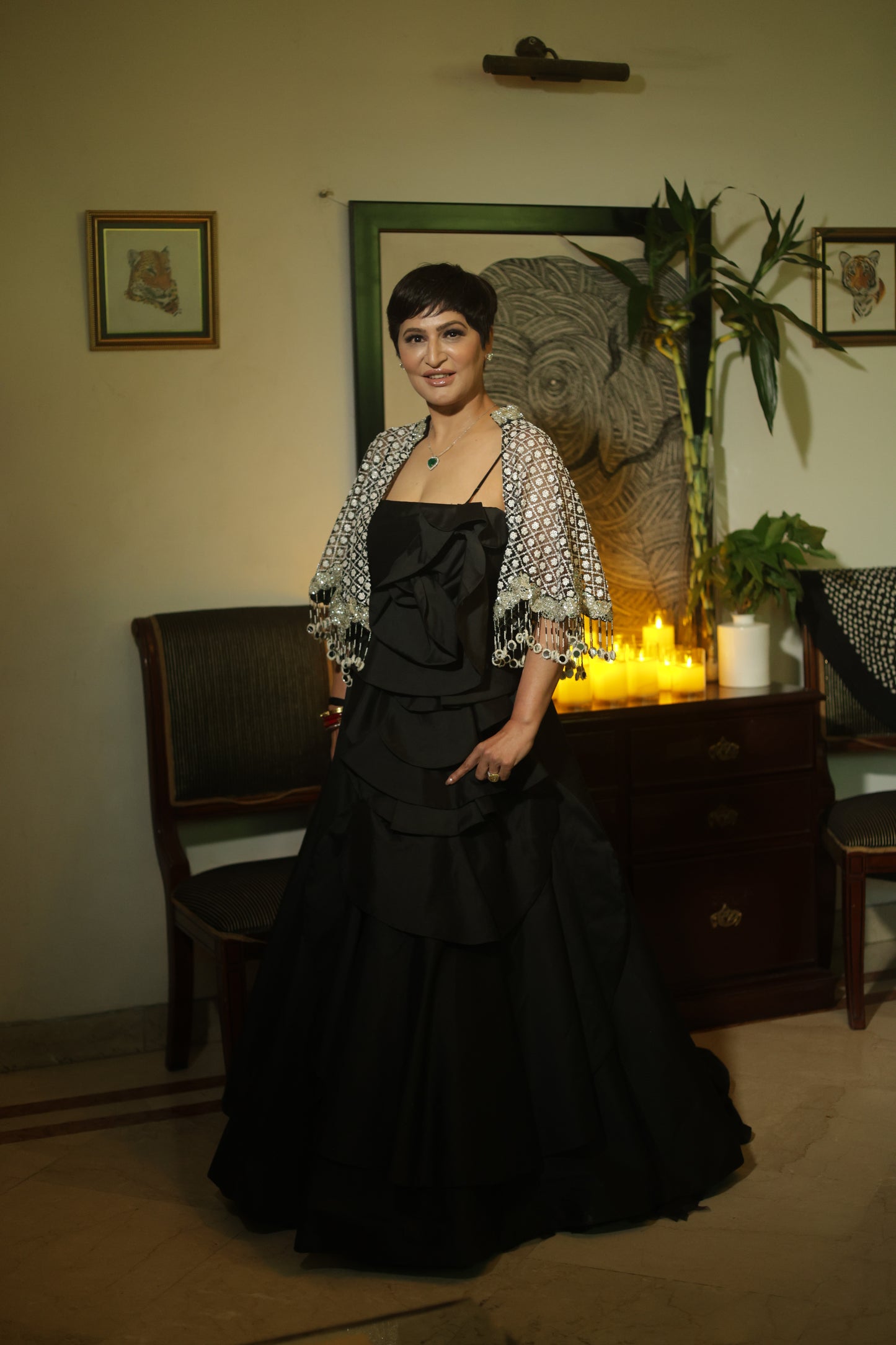 Hand-Embroidered Silver Sequin Cape