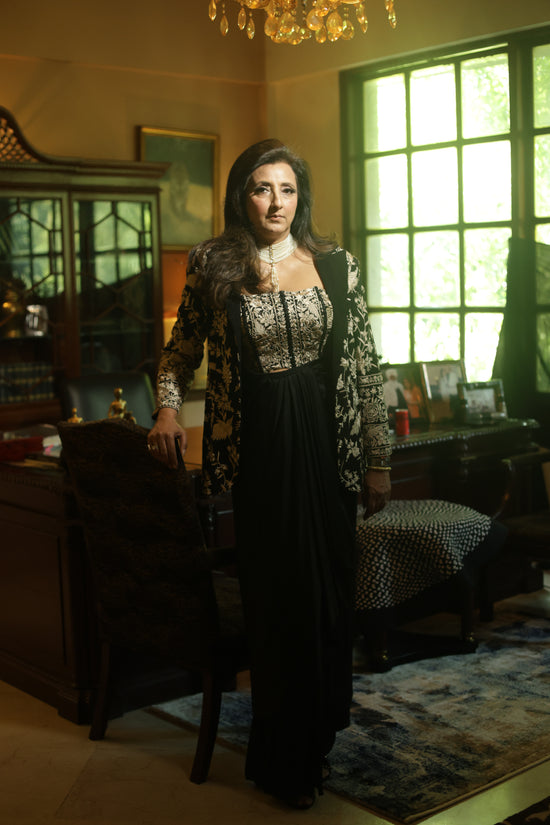 Black & White Hand-Embroidered Floral Statement Jacket