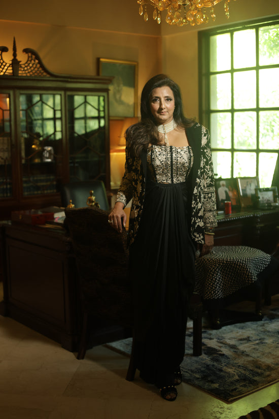 Black & White Hand-Embroidered Floral Statement Jacket