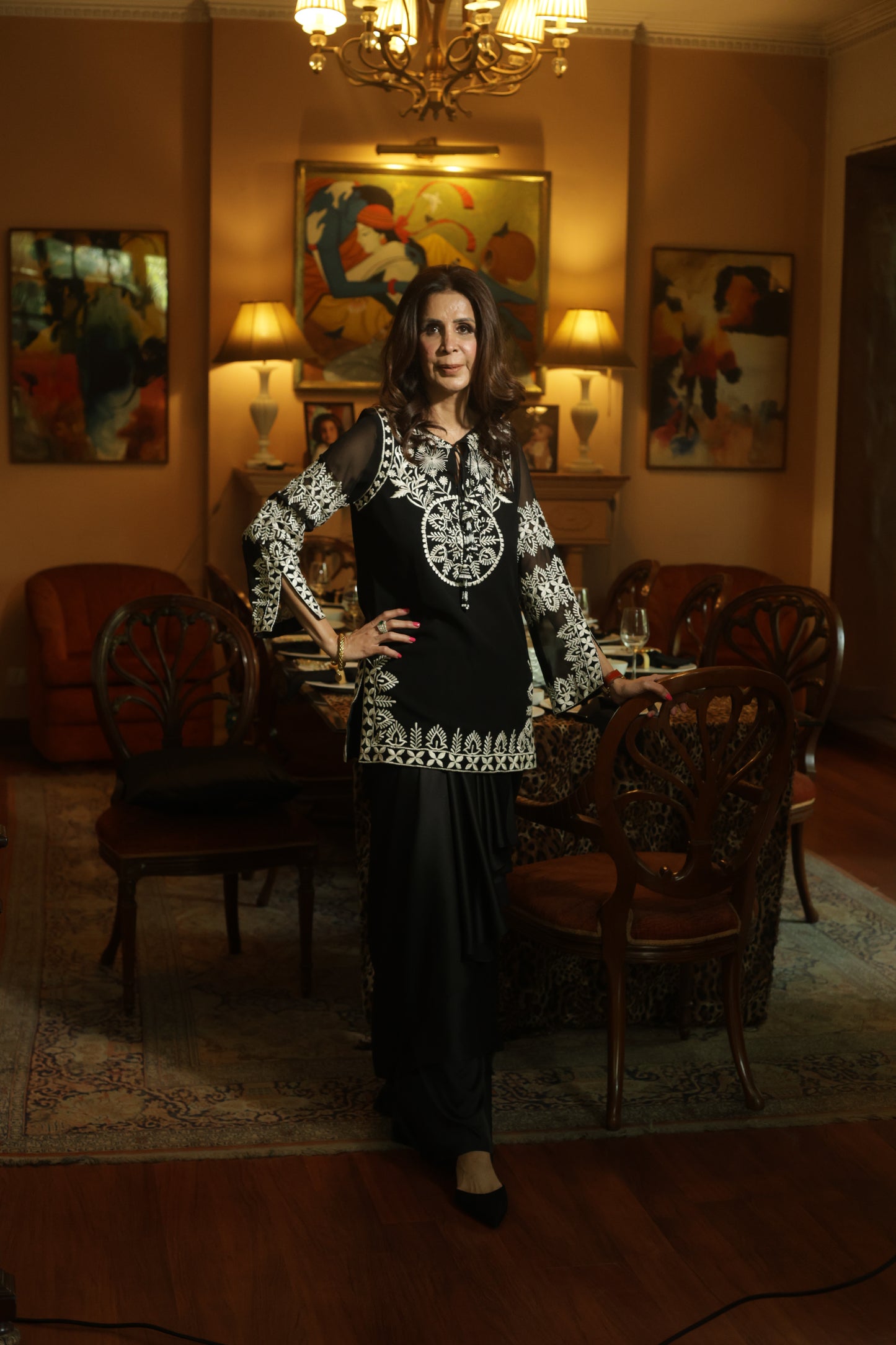 Black Hand-Embroidered Kurta Set with Sheer Sleeves