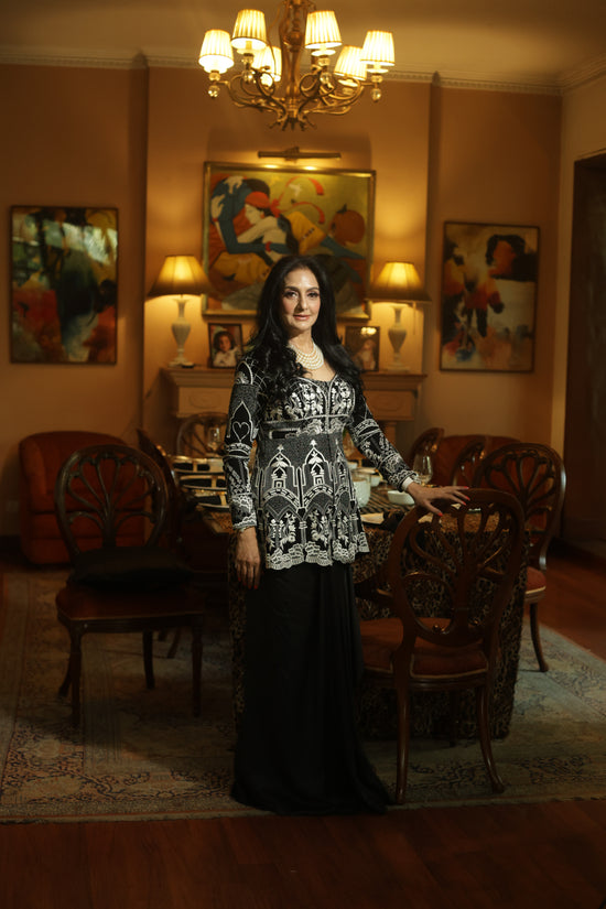 Black & Silver Heritage Hand-Embroidered Long Jacket Top