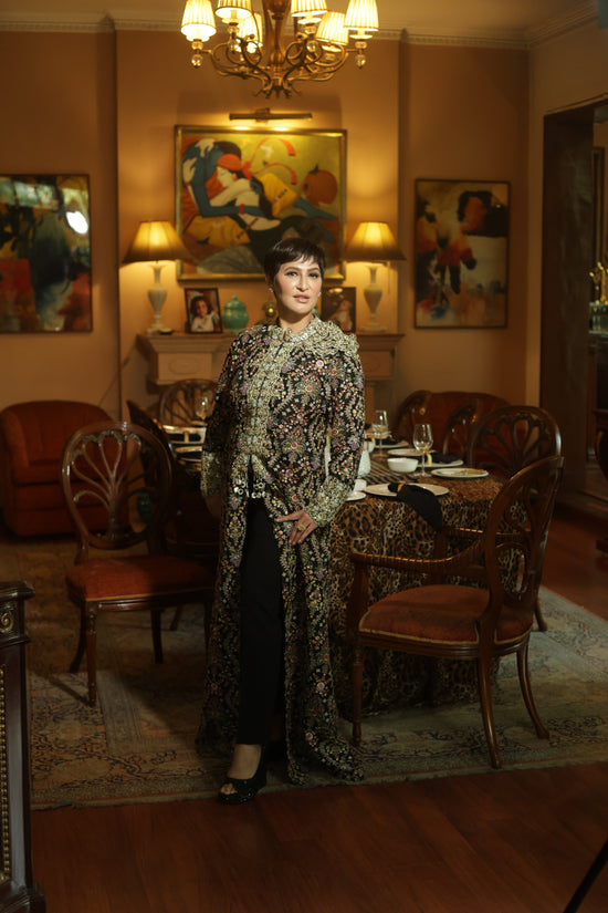Black Hand-Embroidered Mirrorwork Long Jacket Kurta