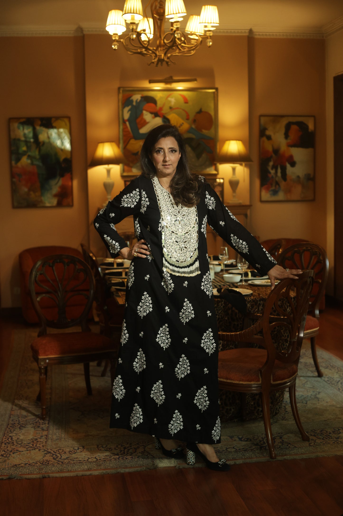 Black Hand-Embroidered Long Kurta with Intricate Ivory Threadwork
