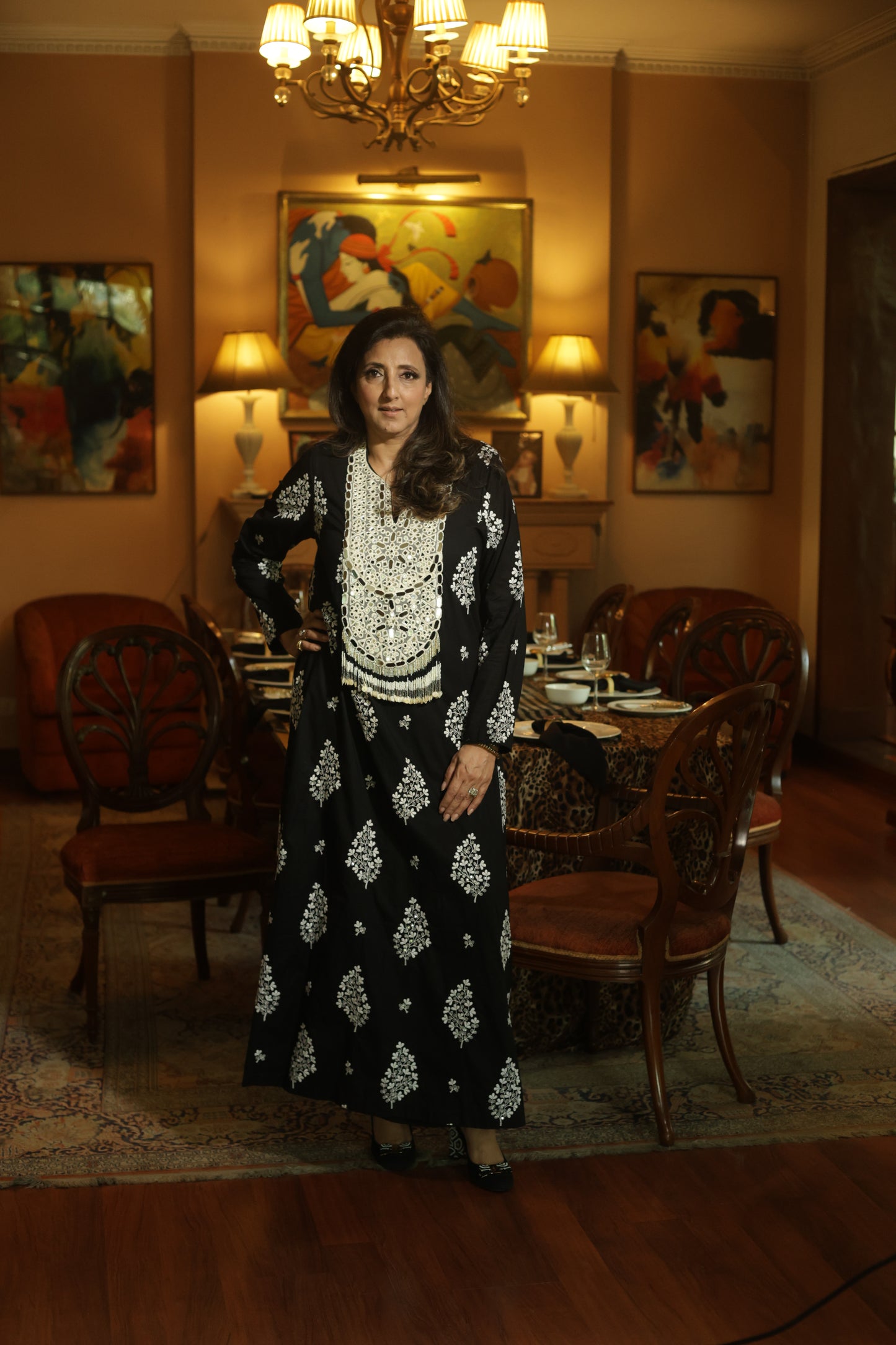 Black Hand-Embroidered Long Kurta with Intricate Ivory Threadwork