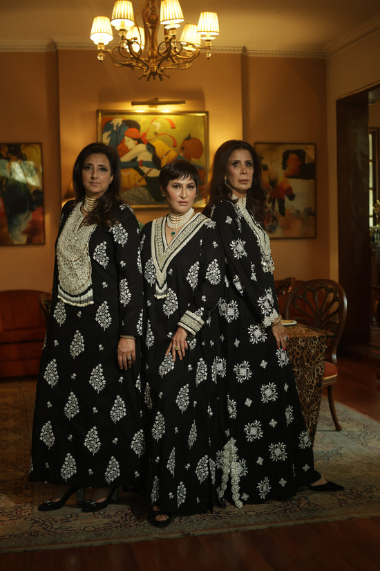Black Hand-Embroidered Long Kurta with Intricate Ivory Threadwork