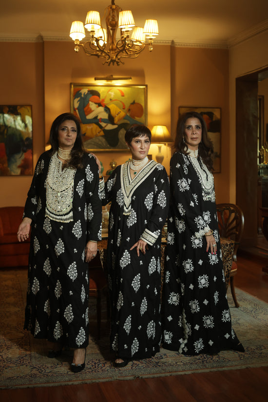 Black Hand-Embroidered Long Kurta with Intricate Ivory Threadwork