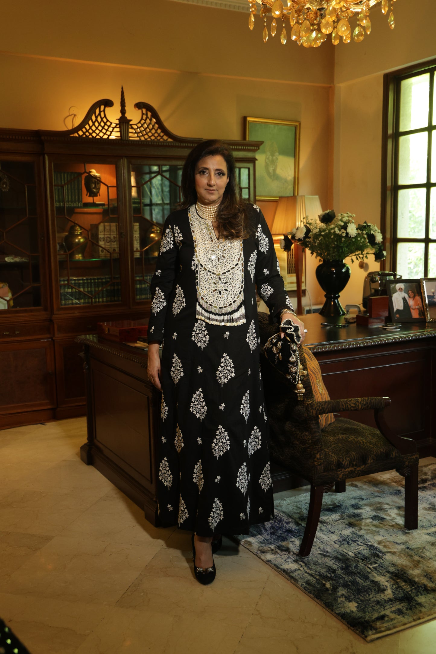 Black Hand-Embroidered Long Kurta with Intricate Ivory Threadwork