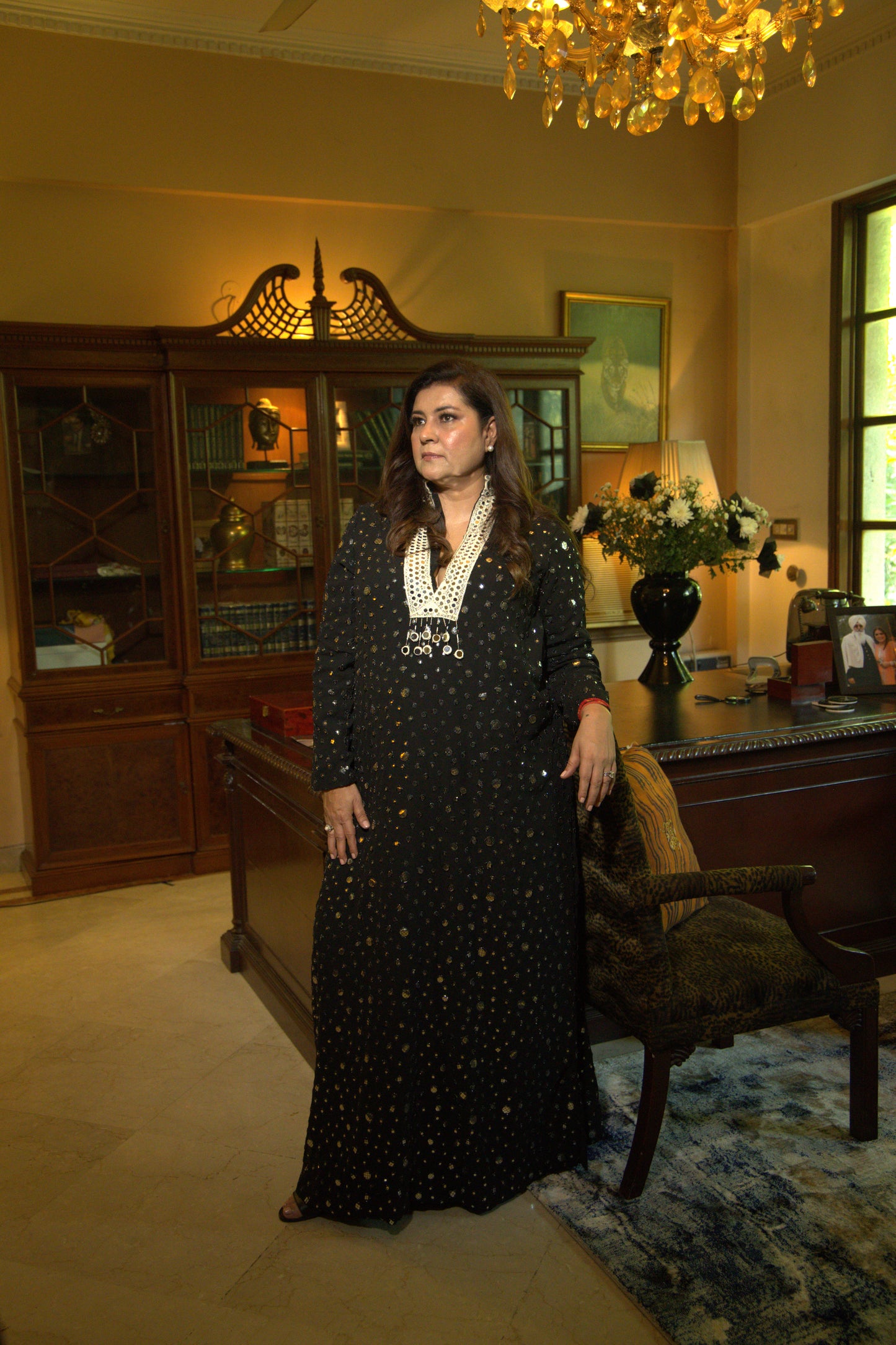 Black Gold Foil Print Kaftan with Contrast Embroidered Neckline