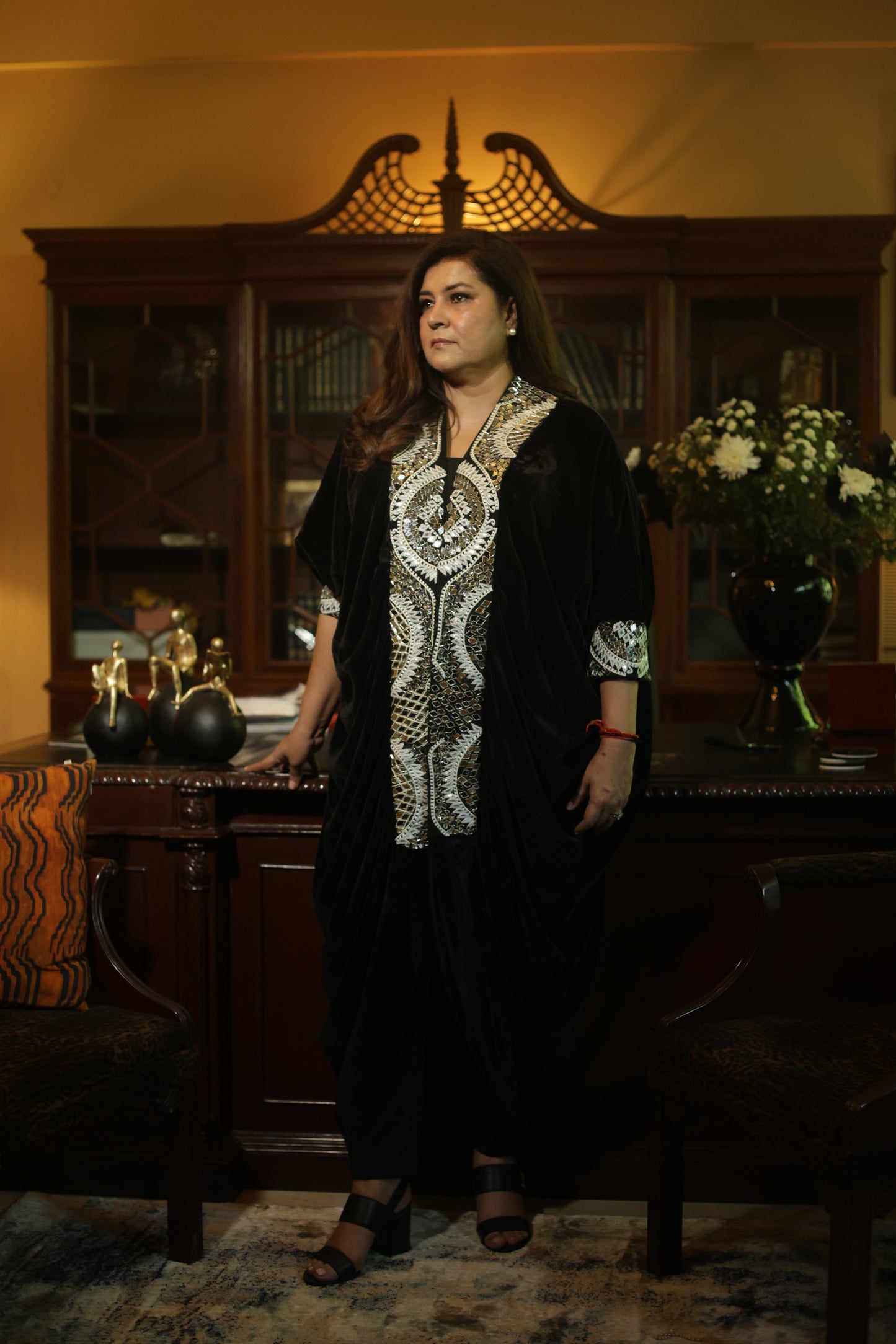 Black Velvet Kaftan Top with Heavy Silver