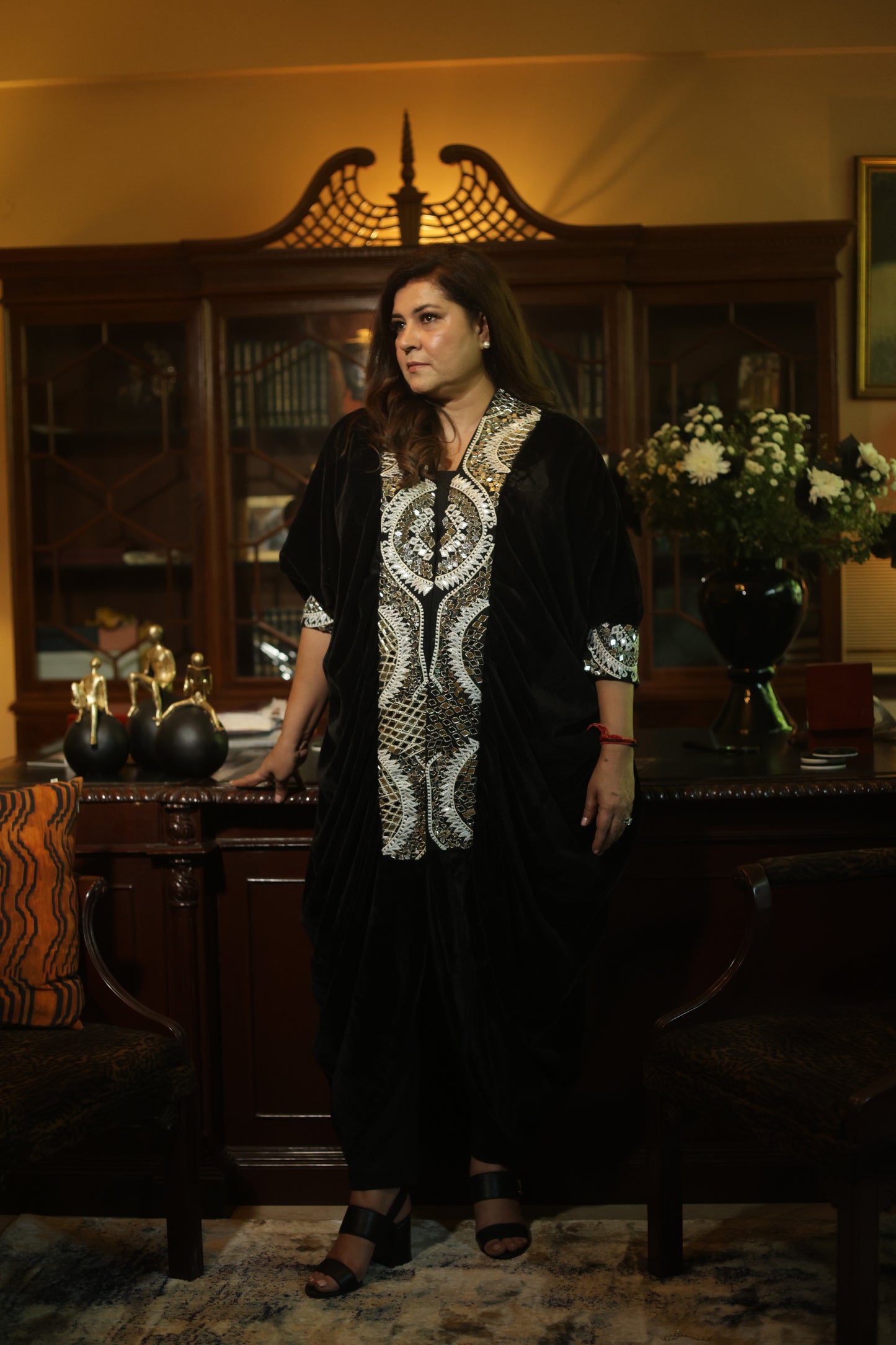 Black Velvet Kaftan Top with Heavy Silver
