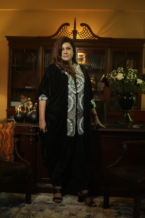 Black Velvet Kaftan Top with Heavy Silver